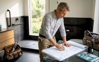Contractor reviewing bathroom renovation blueprints
