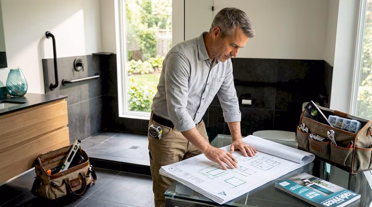 Contractor reviewing bathroom renovation blueprints