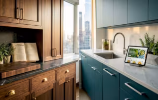 Split image of classic and modern kitchens side by side