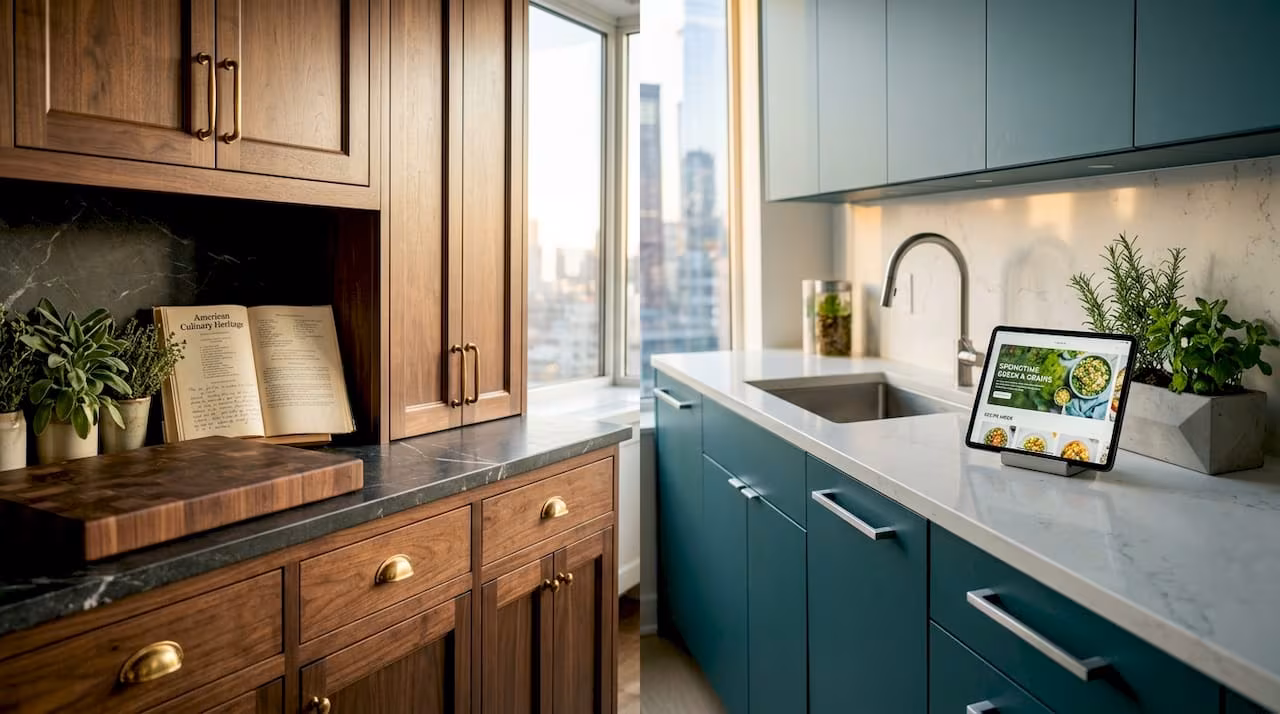 Split image of classic and modern kitchens side by side