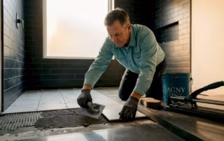 Homeowner installing bathroom floor tiles