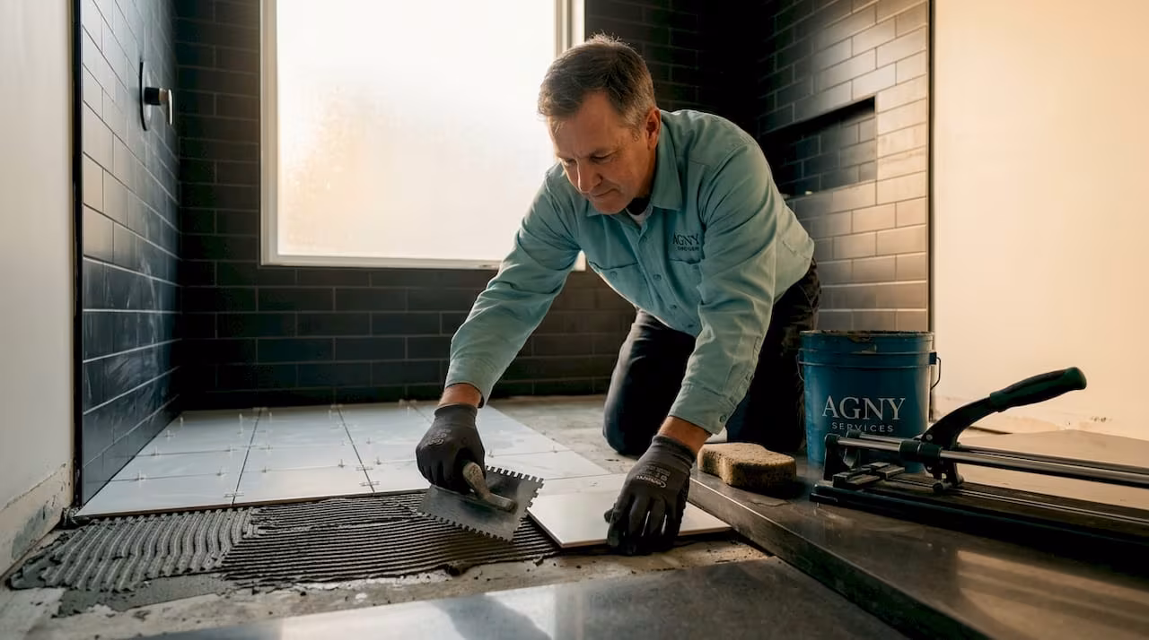 Homeowner installing bathroom floor tiles