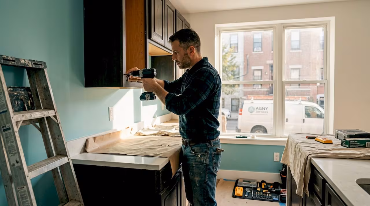 Handyman removing old kitchen cabinet