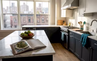 Bright kitchen with L-shaped layout and island