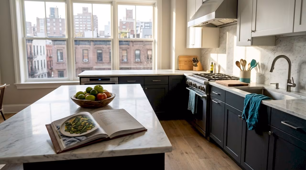 Bright kitchen with L-shaped layout and island