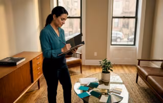 Interior designer reviewing paint colors in living room