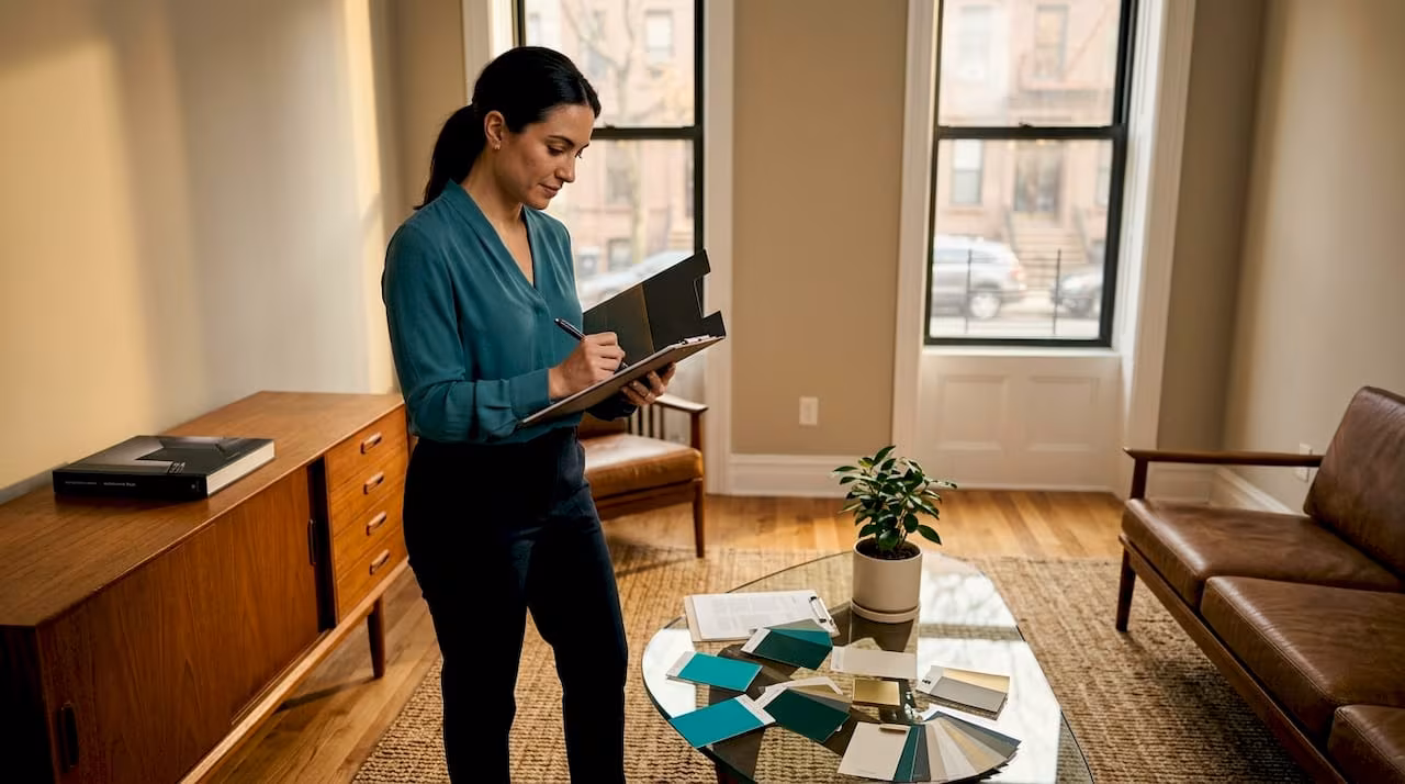 Interior designer reviewing paint colors in living room