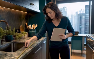 Homeowner measuring kitchen triangle layout