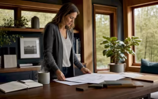 Property owner reviewing custom millwork plans
