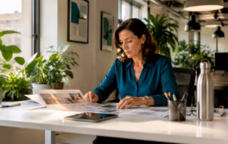 Office manager reviewing office lighting options
