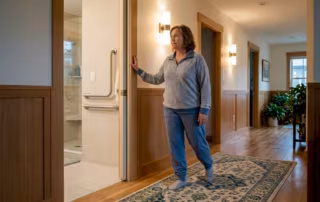 Woman walking toward bathroom with night light