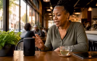 Woman using smart speaker in living room