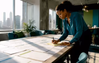 Facilities manager reviewing workspace data