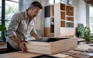 Carpenter inspecting modular millwork component in workshop
