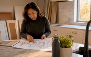 Woman reviewing kitchen layout plan in kitchen