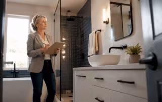 Woman reviewing bathroom fixtures in home bathroom