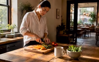 Woman preparing food in open kitchen