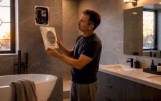 Homeowner inspecting bathroom exhaust fan