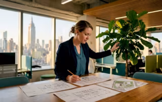 Facilities manager reviewing office floor plans
