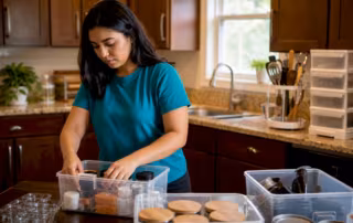 Woman decluttering kitchen cabinet
