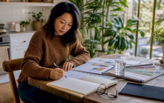Homeowner reviewing fixture and finish plans