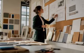 Architect reviewing millwork design blueprints
