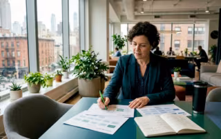 Facility manager reviewing maintenance workflow charts