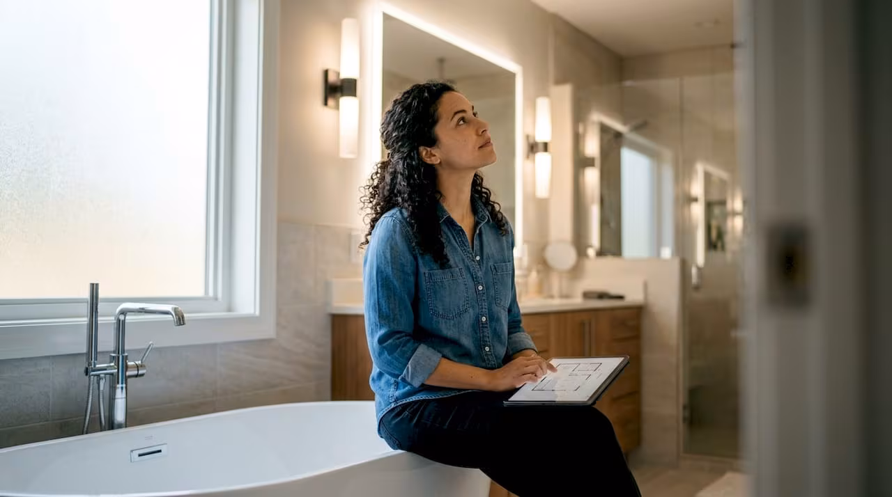 Interior designer evaluating layered bathroom lighting