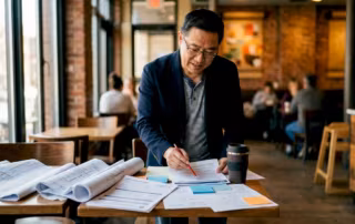 Developer reviewing permit documents at desk