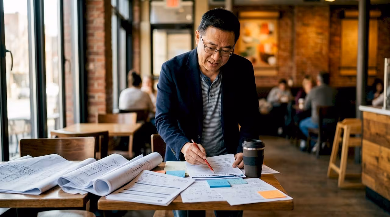 Developer reviewing permit documents at desk