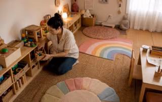 Mother organizing toys in a well-designed playroom
