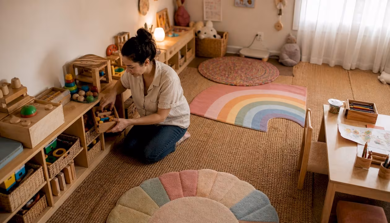 Mother organizing toys in a well-designed playroom