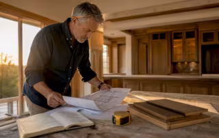 Property owner reviewing custom millwork plans