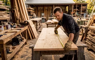 Contractor measuring wood panel in workshop
