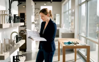 Designer reviewing bathroom fixtures in showroom