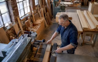 Woodworker operating milling machine in workshop