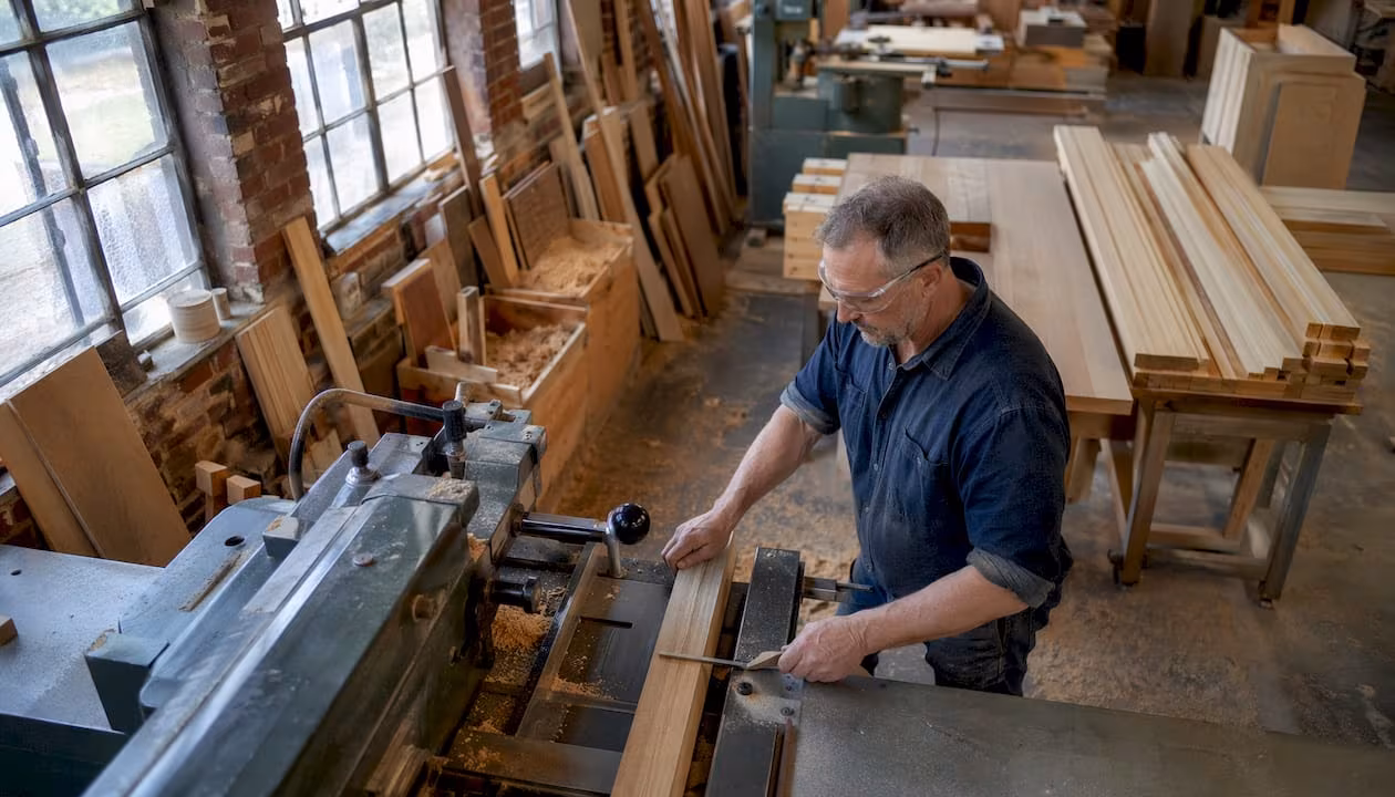 Woodworker operating milling machine in workshop