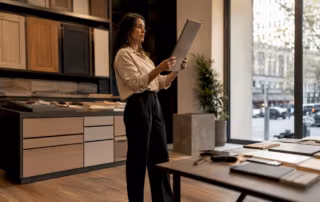 Designer examining commercial millwork sample panel
