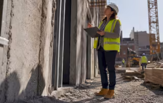 Project manager inspecting construction site with clipboard