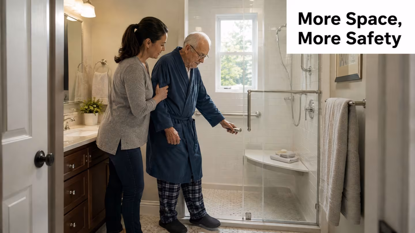 A woman helping an elderly man in a robe open a modern, accessible walk-in shower door.