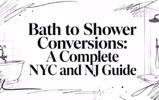 Hand-drawn bathroom scene with a bathtub and walk-in shower beside the title Bath to Shower Conversions: NYC and NJ Guide