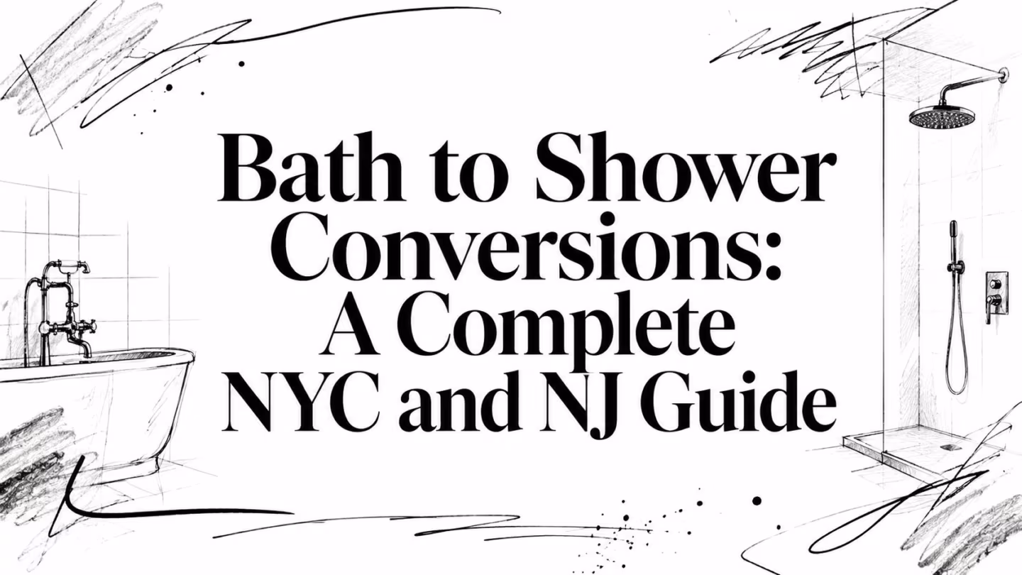 Hand-drawn bathroom scene with a bathtub and walk-in shower beside the title Bath to Shower Conversions: NYC and NJ Guide
