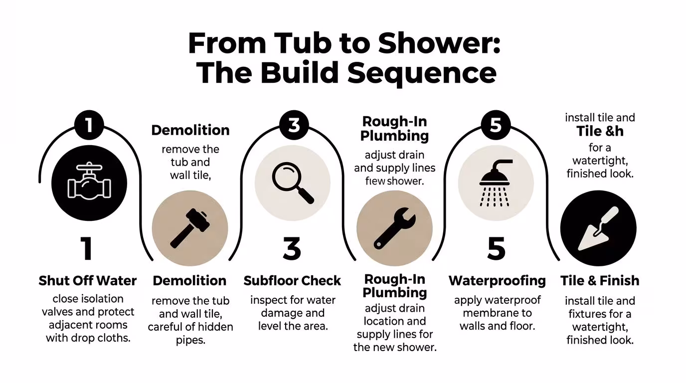 A five-step infographic showing the construction sequence for converting a bathtub to a shower installation.