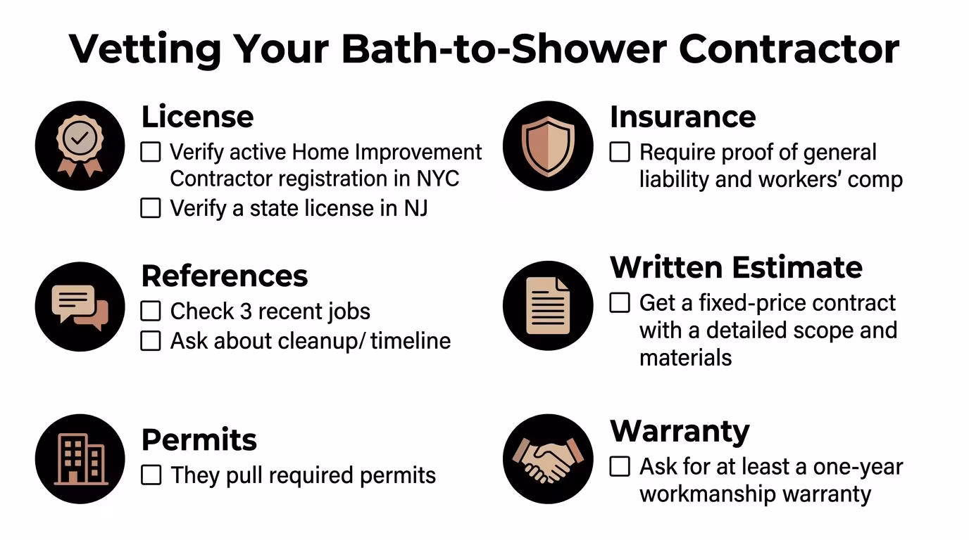 A checklist infographic titled Vetting Your Bath-to-Shower Contractor outlining key steps for selecting a professional installer.