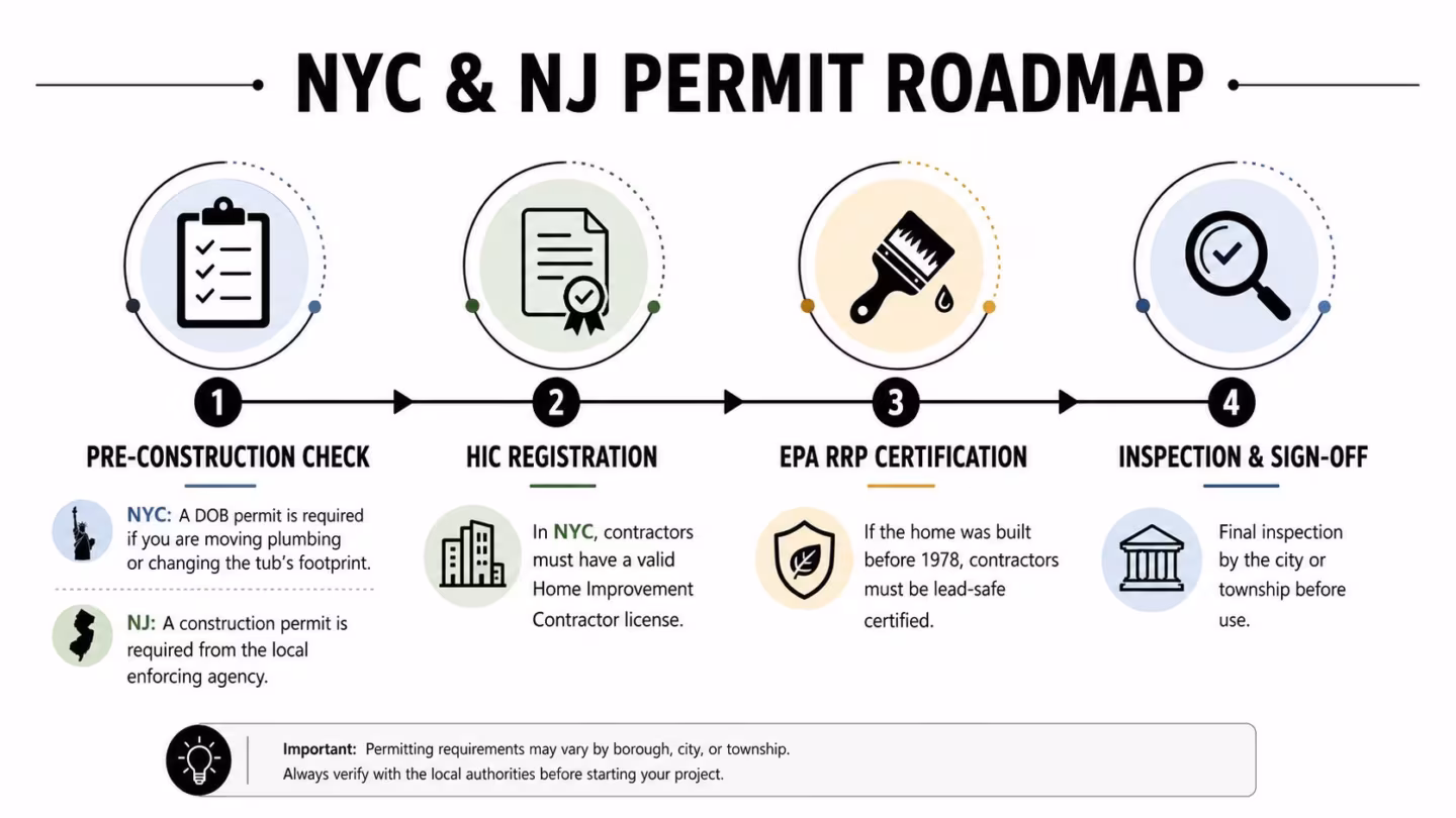 A four-step roadmap infographic outlining permit and licensing requirements for bathroom renovation projects in New York and New Jersey.