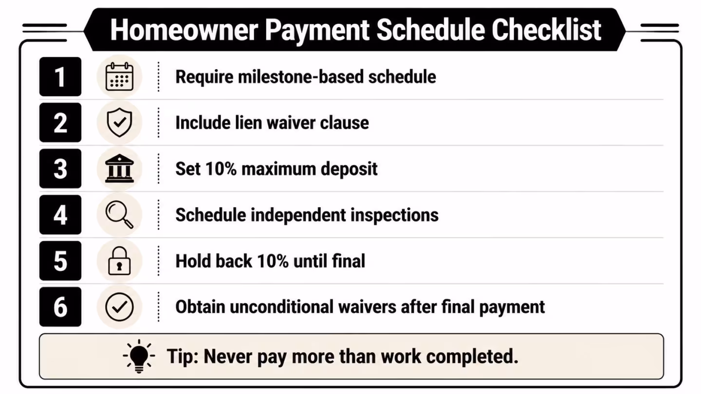 A checklist showing six important steps for homeowners to manage contractor payments and project milestones safely.