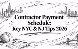 Hand-drawn title card for Contractor Payment Schedule: Key NYC & NJ Tips 2026, with New York skylines and construction sketches