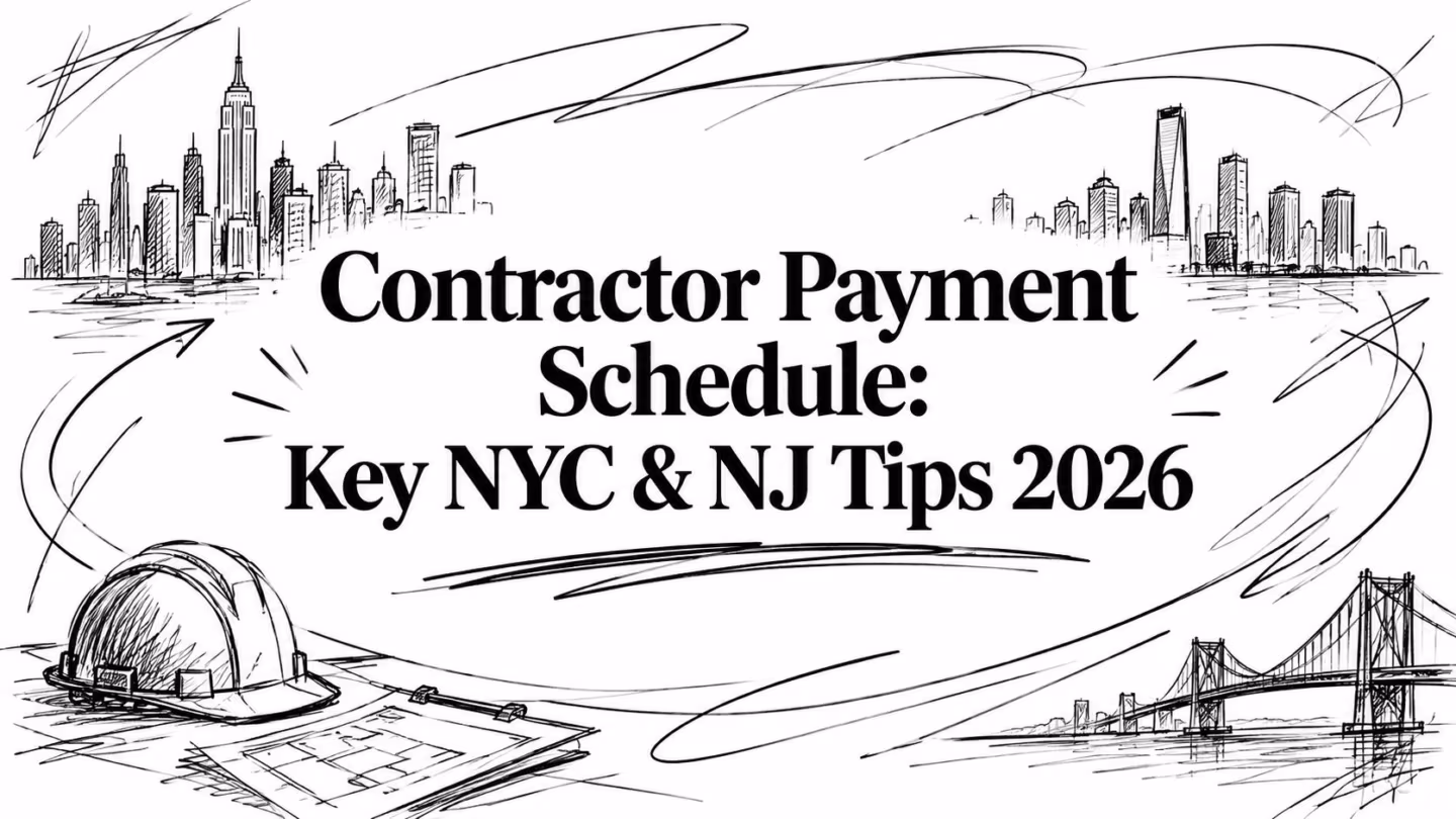 Hand-drawn title card for Contractor Payment Schedule: Key NYC & NJ Tips 2026, with New York skylines and construction sketches