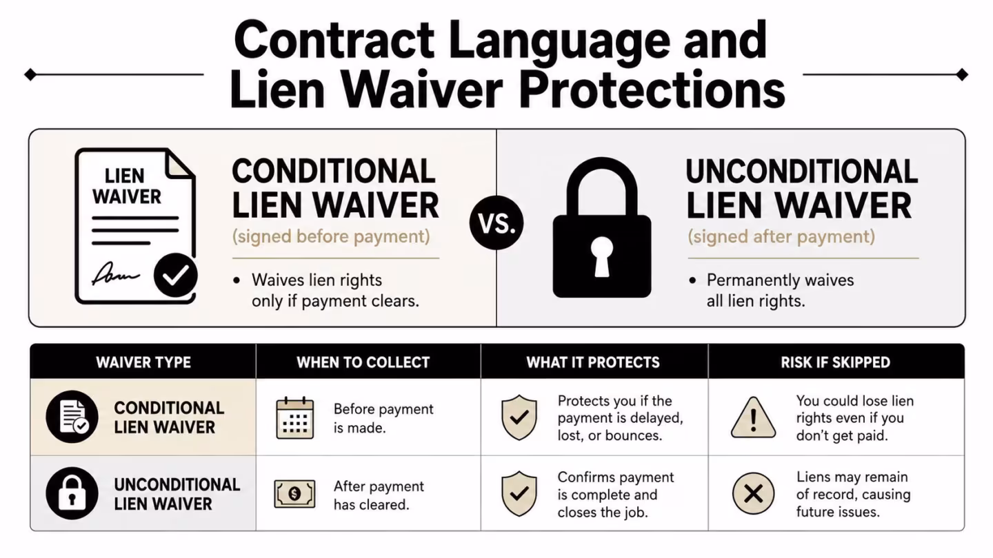 A comparison chart explaining the differences between conditional and unconditional lien waivers in construction contracts.