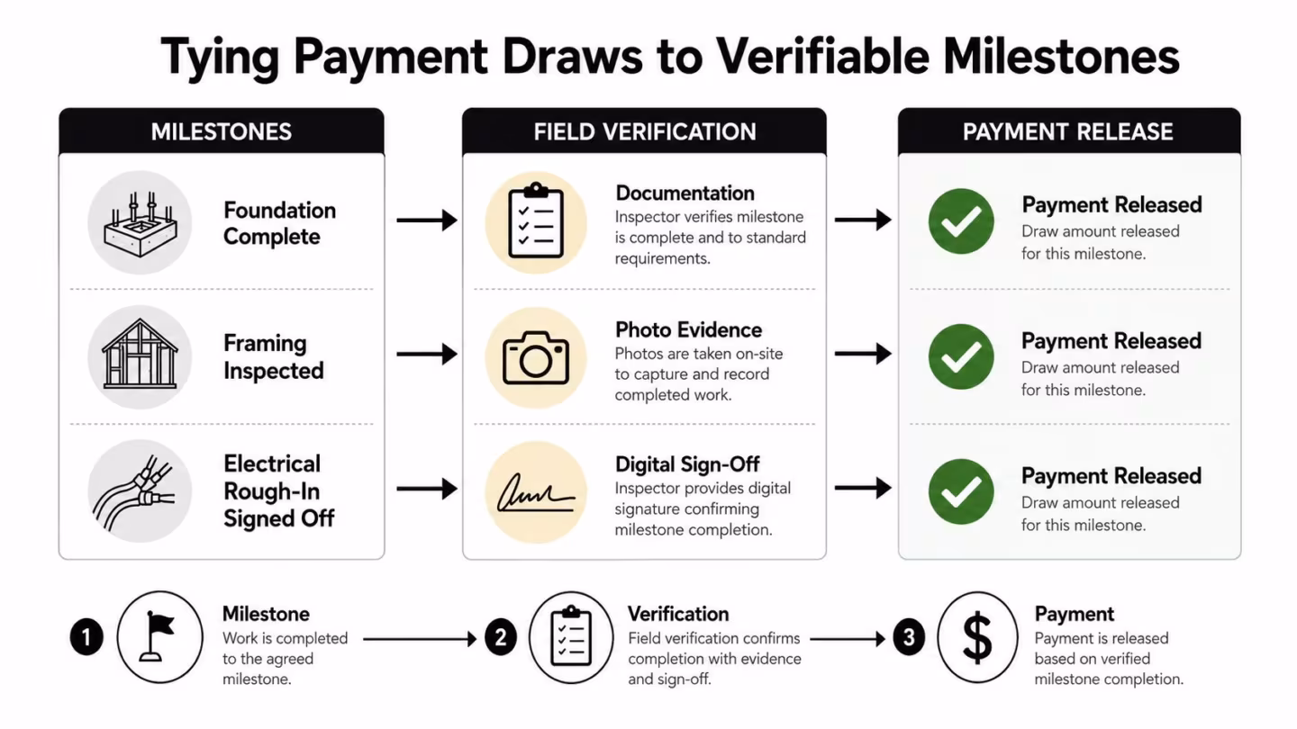 A diagram illustrating a three-step contractor payment schedule process from project milestones to final field verification and payment.